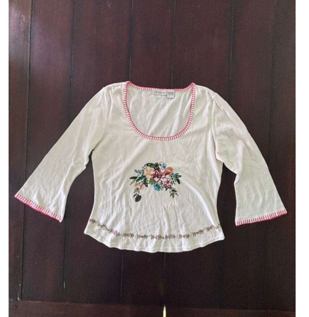 Paradox White Embroidered Floral Long Sleeve Cotton Top Women's Large Cottage